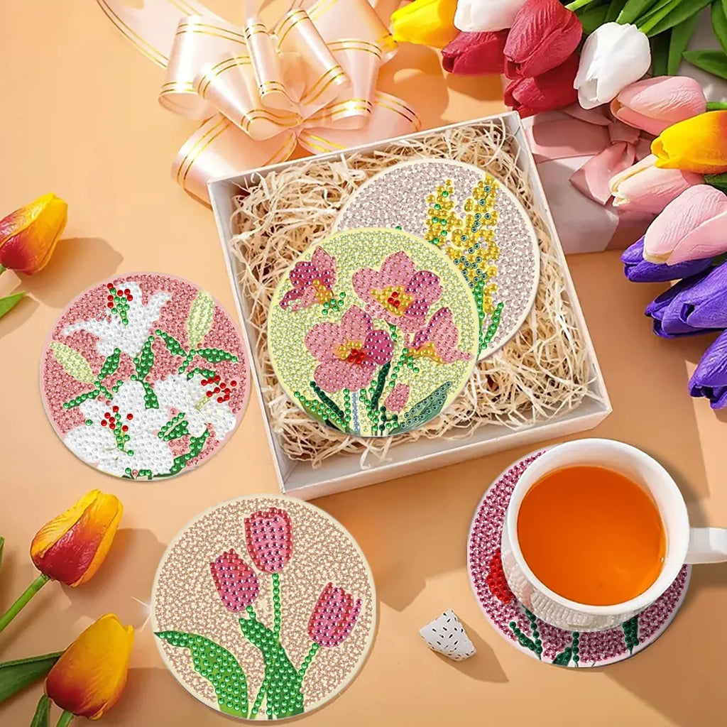 Floral DIY Diamond Painting Coaster Kit with Holder | Set of 8 Sparkling Mosaic Drink Coasters for Craft Lovers