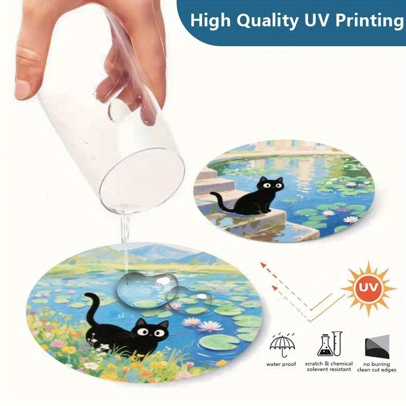 Black Cat and Lotus Wooden Drink Coaster Set for Coffee Tables Kitchen Decor and Cat Lover Gifts