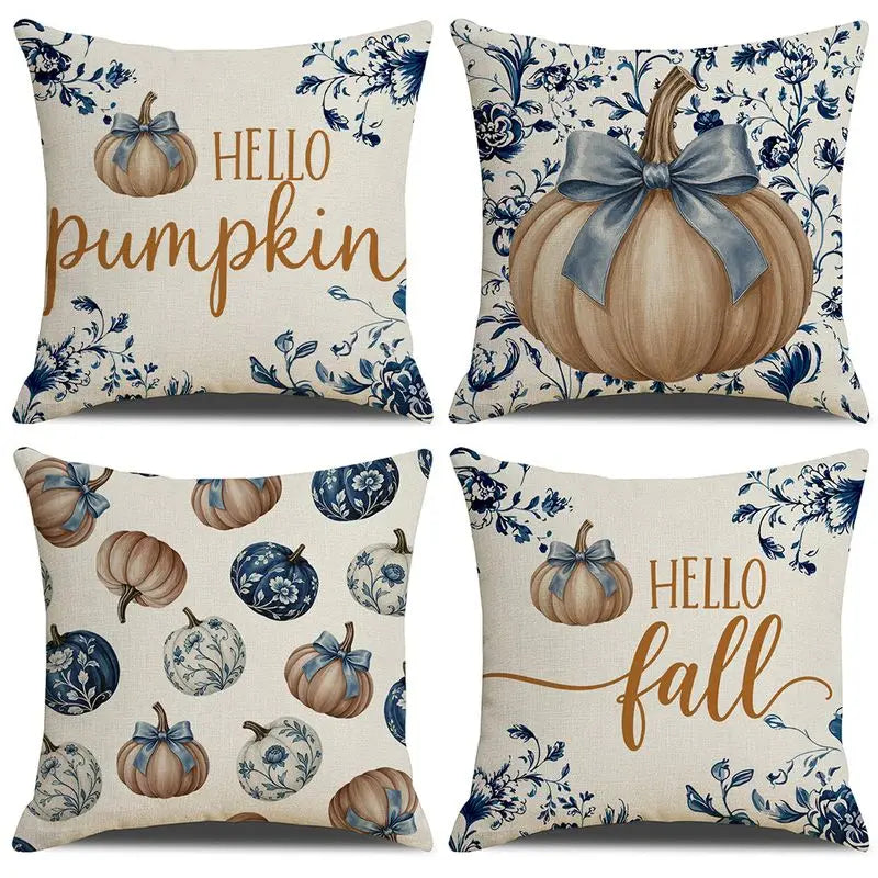 Blue Harvest Pumpkin & Bow Pillow Cover