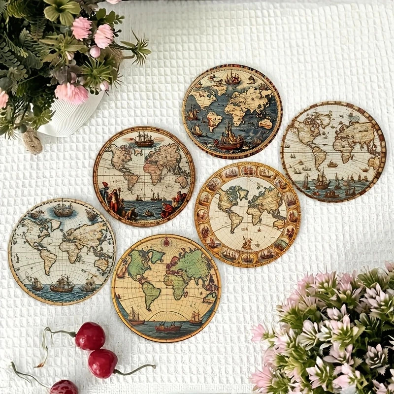 Retro World Map Wooden Coaster Set of 6, 10 cm Printed Round Drink Mats for Coffee Tables, Tea Cups and Travel Inspired Decor