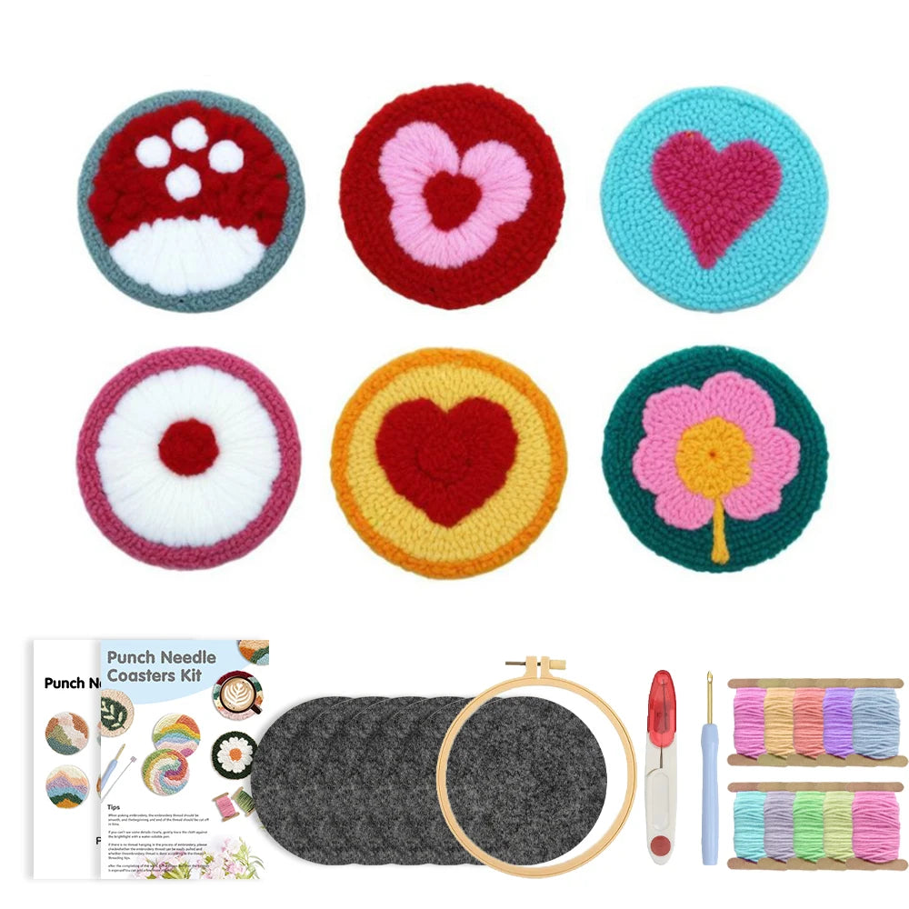 Flower Pattern Punch Needle Coaster Craft Kit for Beginners Tufted Mug Rugs and Creative Gifts