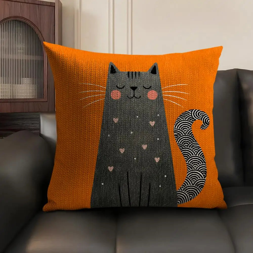 Cartoon Cute Cat Cushion Cover Natural Linen Organic Fabric Double Sided Print Sofa Pillow Case Home Decor Gift