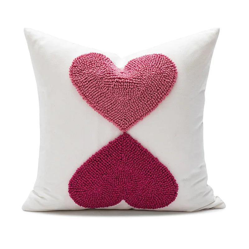 Daisy & Heart Embroidered Pillow Cover – 18 × 18 Romantic Floral Sofa Cushion Case