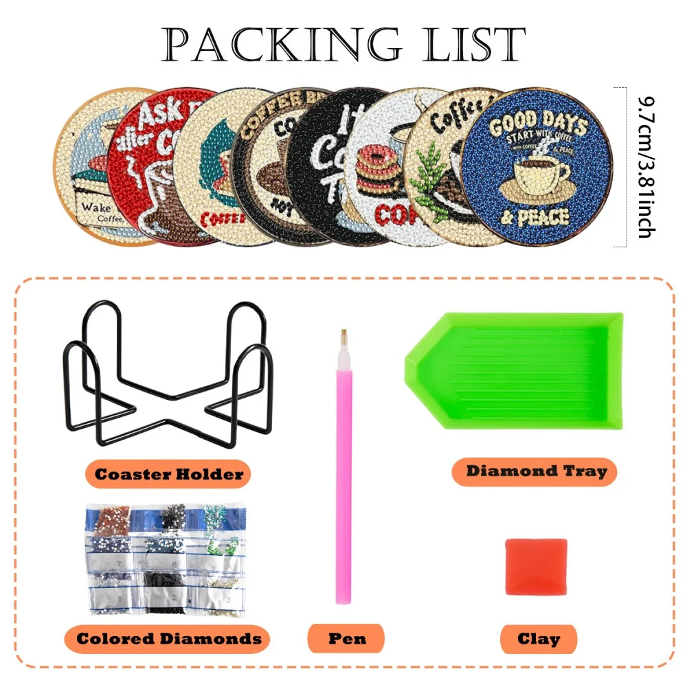 Coffee Pattern Diamond Painting Coaster DIY Kit of 8 with Holder, 9.7 cm Creative Drink Mats for Coffee Lovers and Craft Gifts