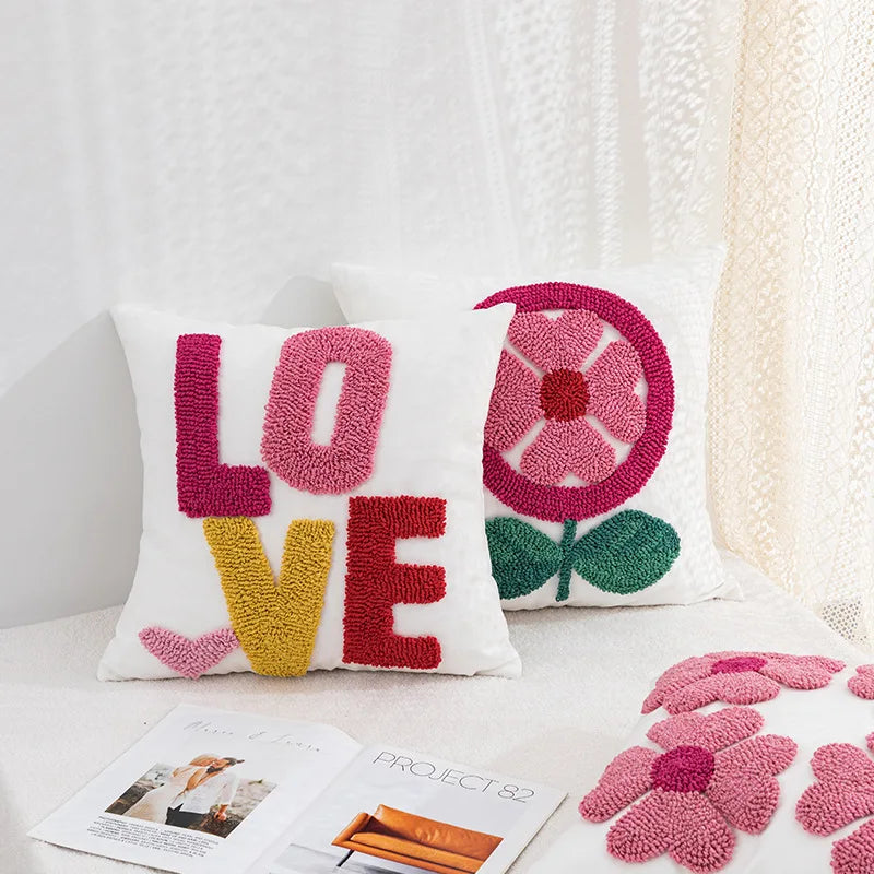 Daisy & Heart Embroidered Pillow Cover – 18 × 18 Romantic Floral Sofa Cushion Case