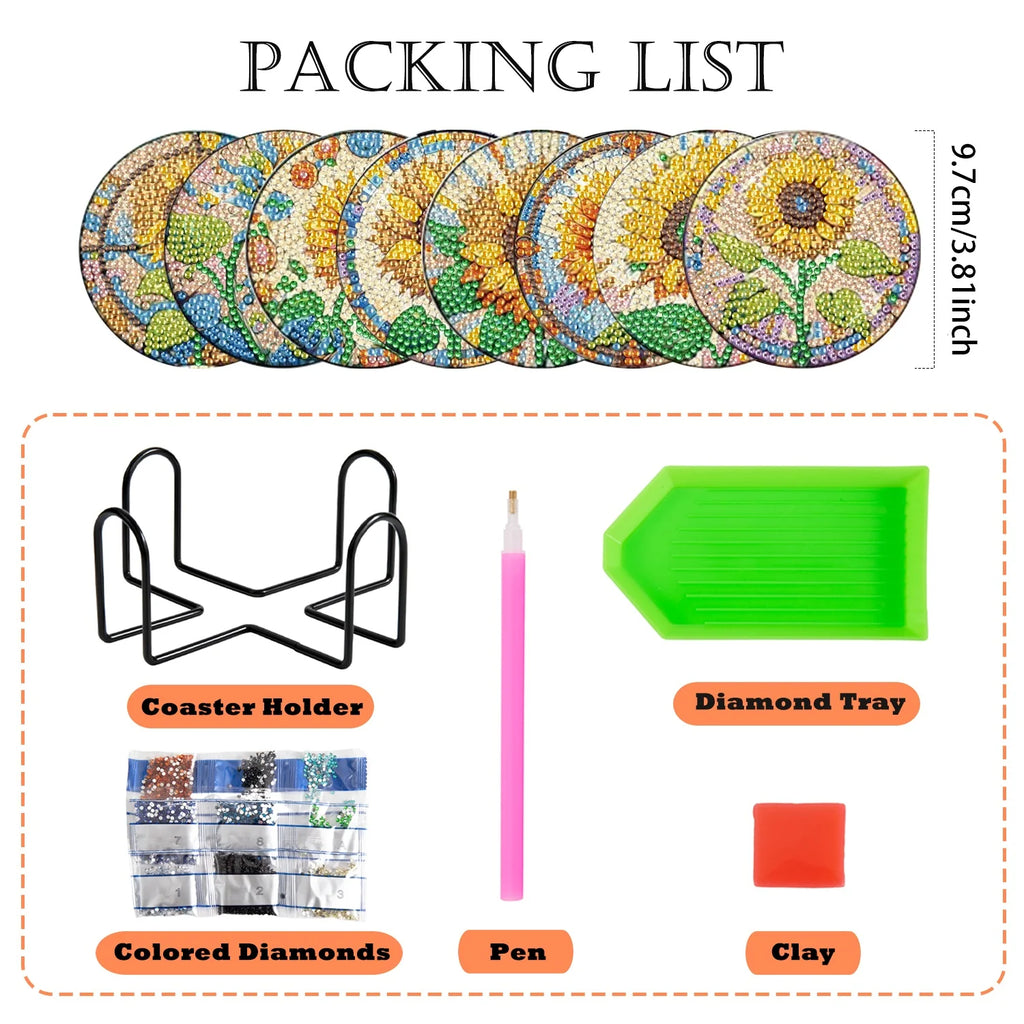 Floral Diamond Painting Coaster Set of 8 with Holder DIY Craft Kit for Creative Table Decor and Gifts