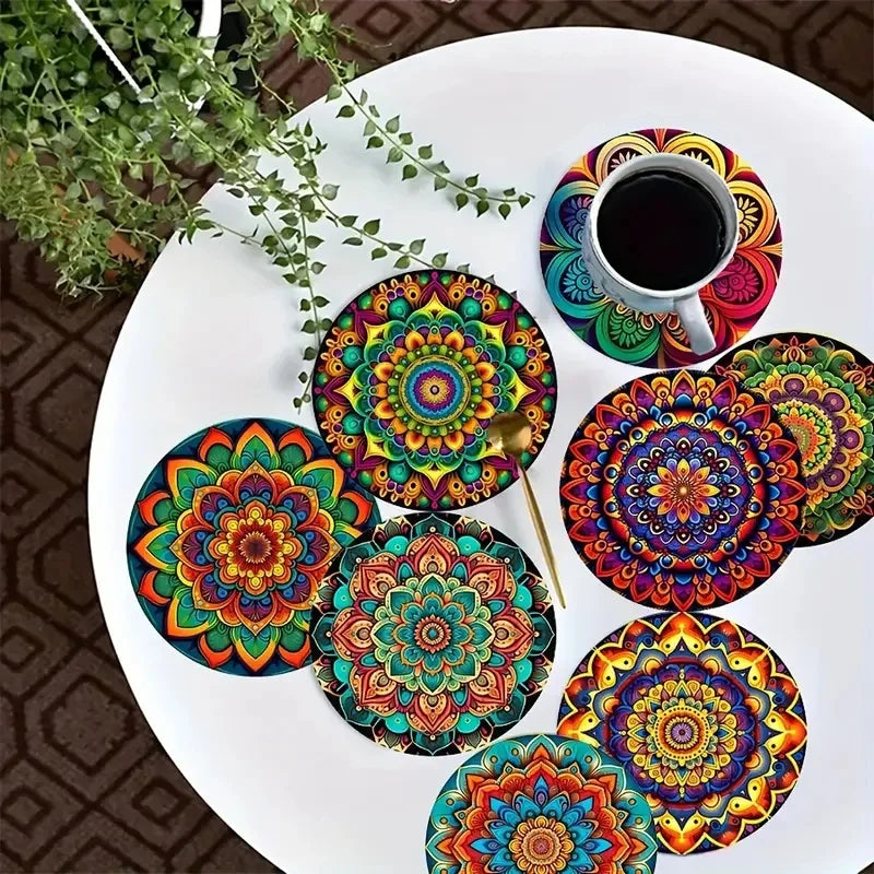 Iridescent Mandala Flower Wooden Drink Coaster Set of 10 for Boho Table Decor and Gifts