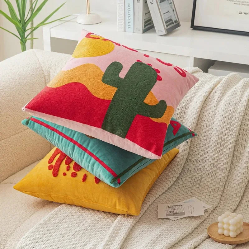 Sunny Market Fruit Embroidered Pillow Cover – 45 × 45 cm
