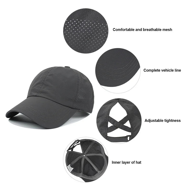 Women’s Quick-Dry Mesh Ponytail Baseball Cap – Cross Strap Athletic Golf Hat