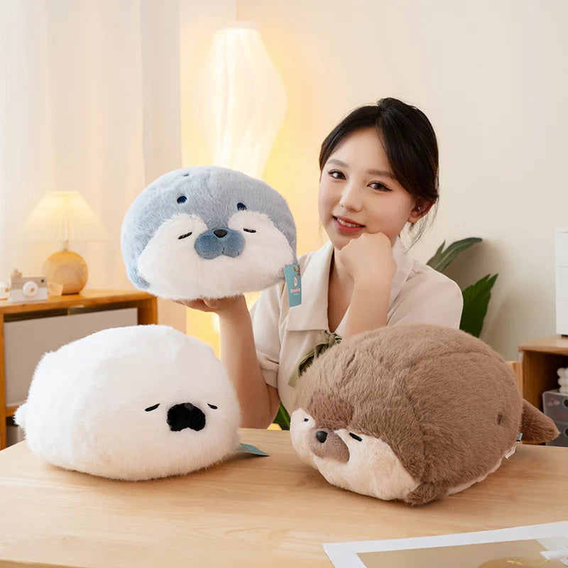 High Quality Cartoon Earphone Seal Sea Otter Plush Toy Ball Round Cushion Throw Pillow for Kids Birthday Gift School Nap Sleep