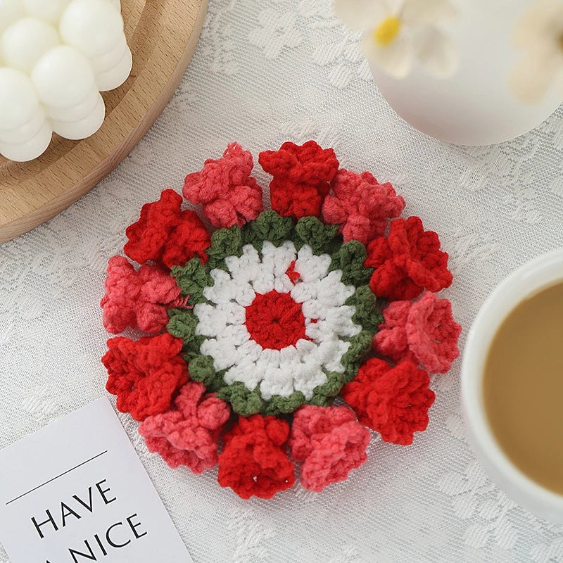 Crochet Rose Flower Drink Coasters for Coffee Tables Handmade Style Floral Kitchen Decor