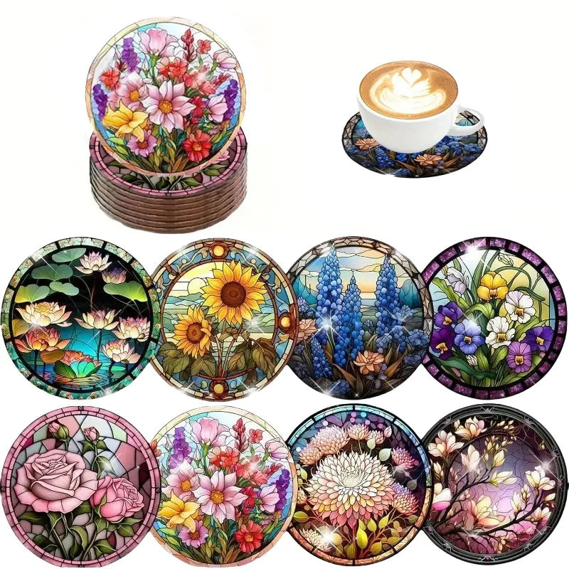 Floral Wooden Drink Coaster Set for Coffee Tables Cafe Style Kitchen Decor and Everyday Entertaining