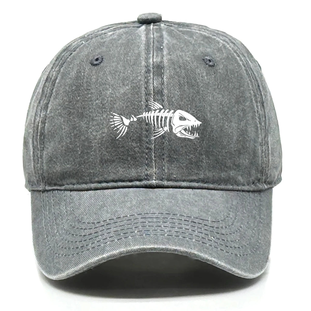Vintage Washed Fish Skeleton Baseball Cap | Distressed Unisex Snapback Trucker Hat