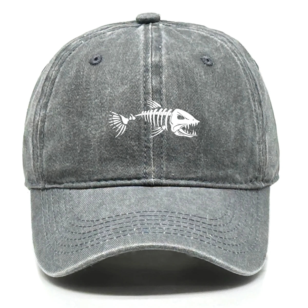 Vintage Washed Fish Skeleton Baseball Cap | Distressed Unisex Snapback Trucker Hat