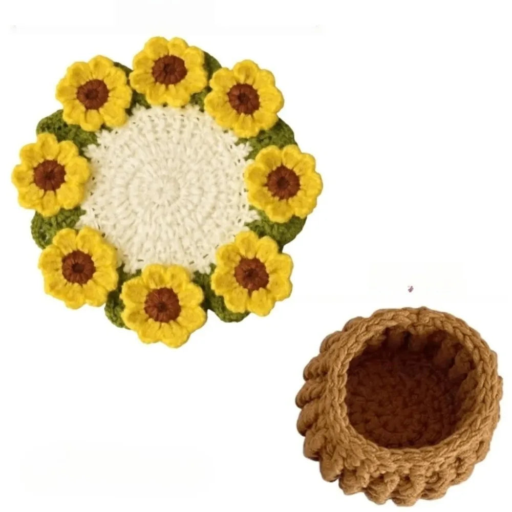 Mini Daisy Bouquet Crochet Drink Coaster with Basket for Coffee Tables and Floral Gifts