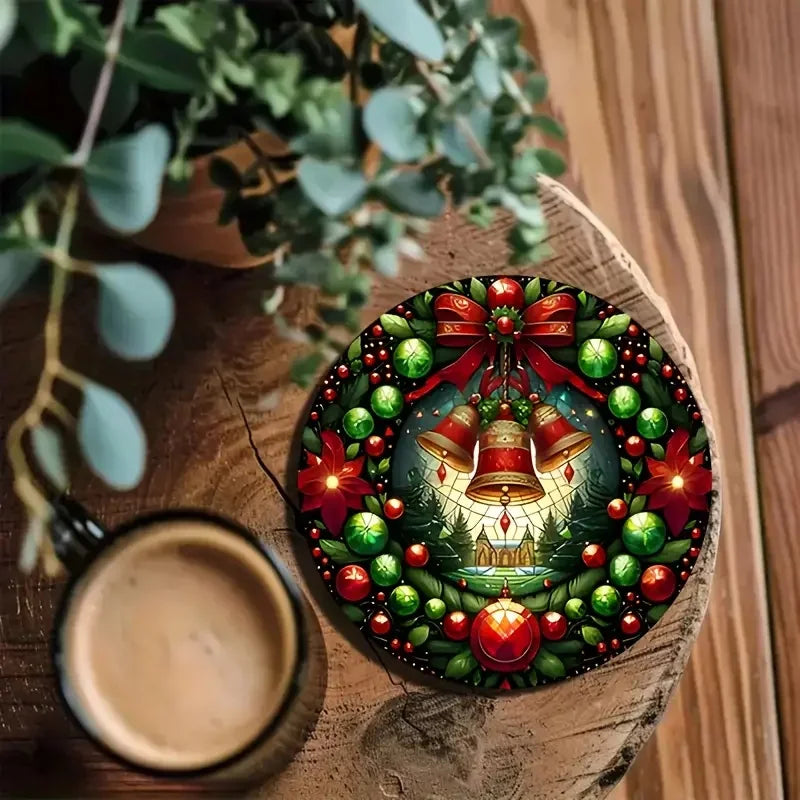 Christmas Pattern Wooden Coaster Set of 6, 10 cm Festive Drink Mats for Holiday Coffee Tables, Tea Cups and Home Gatherings