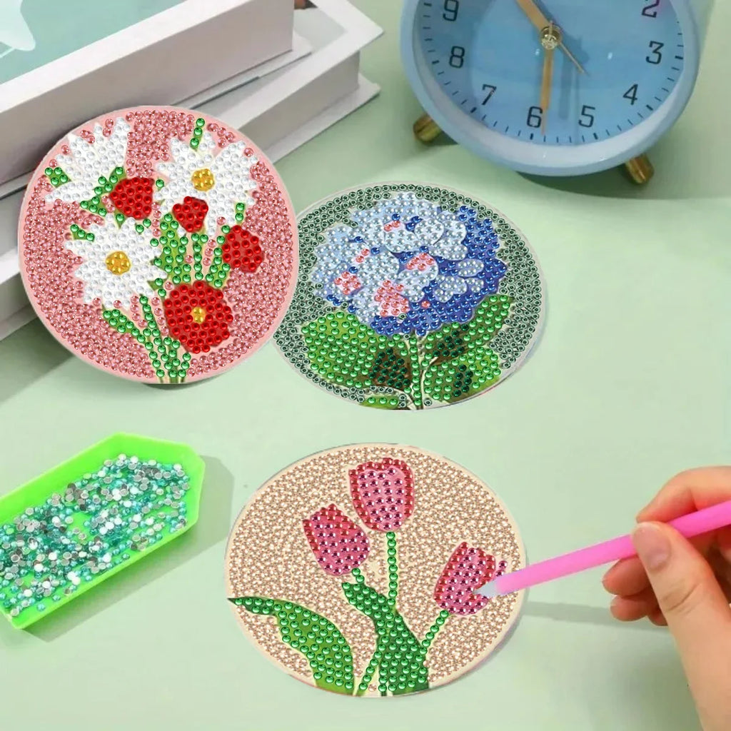 Floral DIY Diamond Painting Coaster Kit with Holder | Set of 8 Sparkling Mosaic Drink Coasters for Craft Lovers