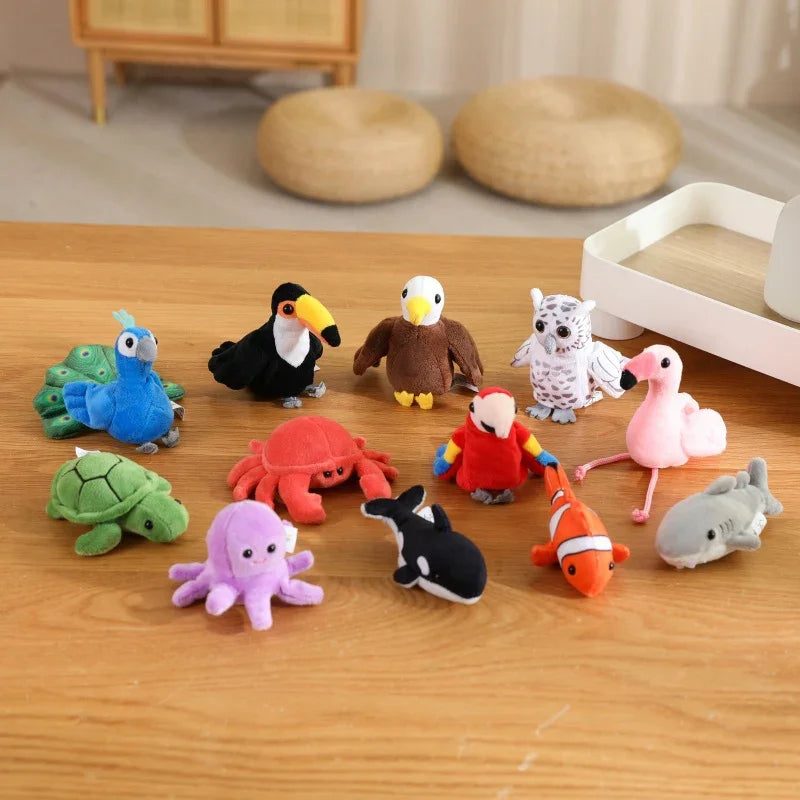 Cute Cartoon Animal Plush Hand Finger Puppet Toys Soft Mini Lifelike Parrot Peacock Shark Octopus Toys Funny Finger Game Props