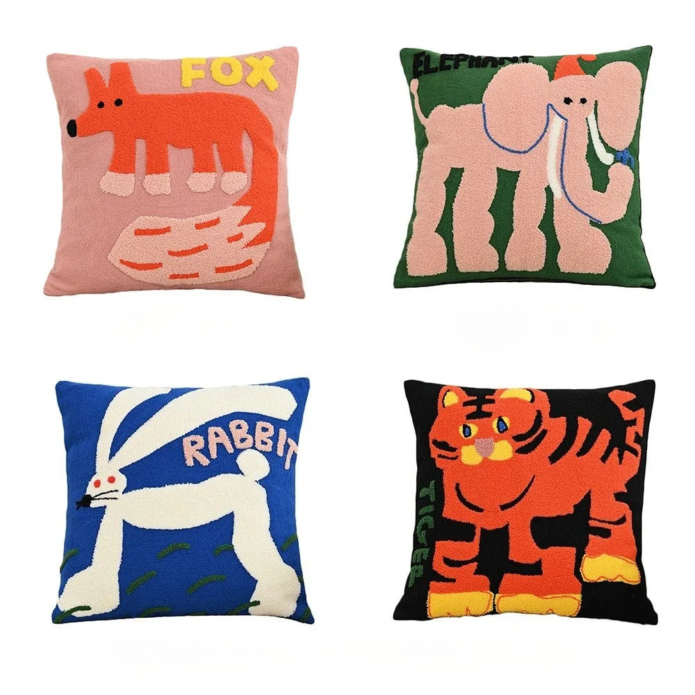 Color Pop Animal Embroidered Pillow Cover – 45 × 45 cm