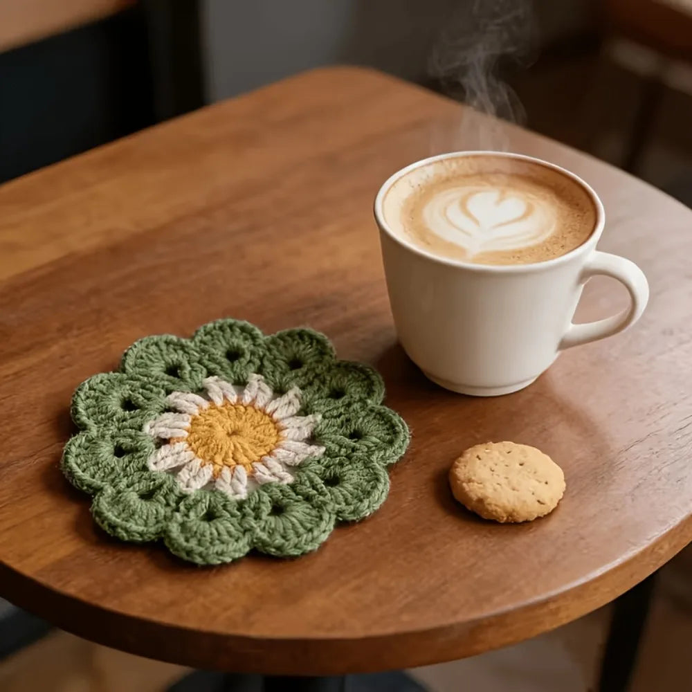 Boho Floral Crochet Style Coaster Set of 3 for Coffee Tables Kitchen Decor and Housewarming Gifts