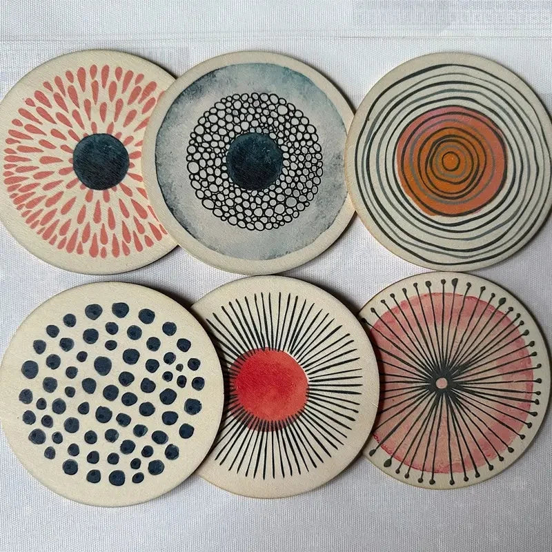 Circular Pattern Wooden Coaster Set of 6, Round Printed Drink Mats for Coffee Tables, Home Gatherings and Everyday Dining