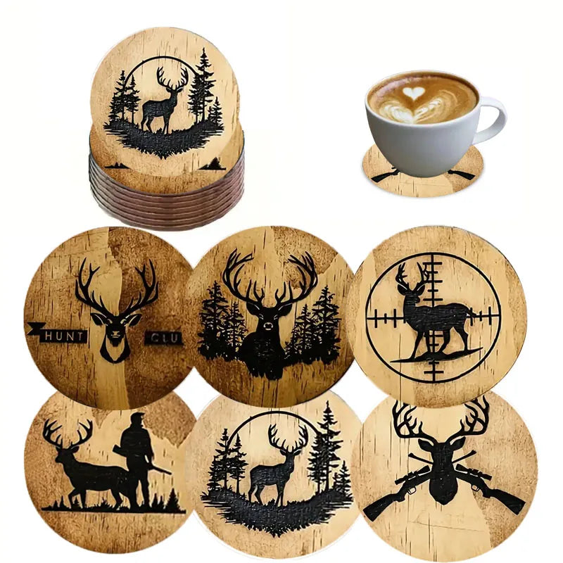 Deer Pattern Wooden Coaster Set of 6, Round Drink Cup Mats for Cozy Coffee Tables, Winter Hosting and Everyday Dining