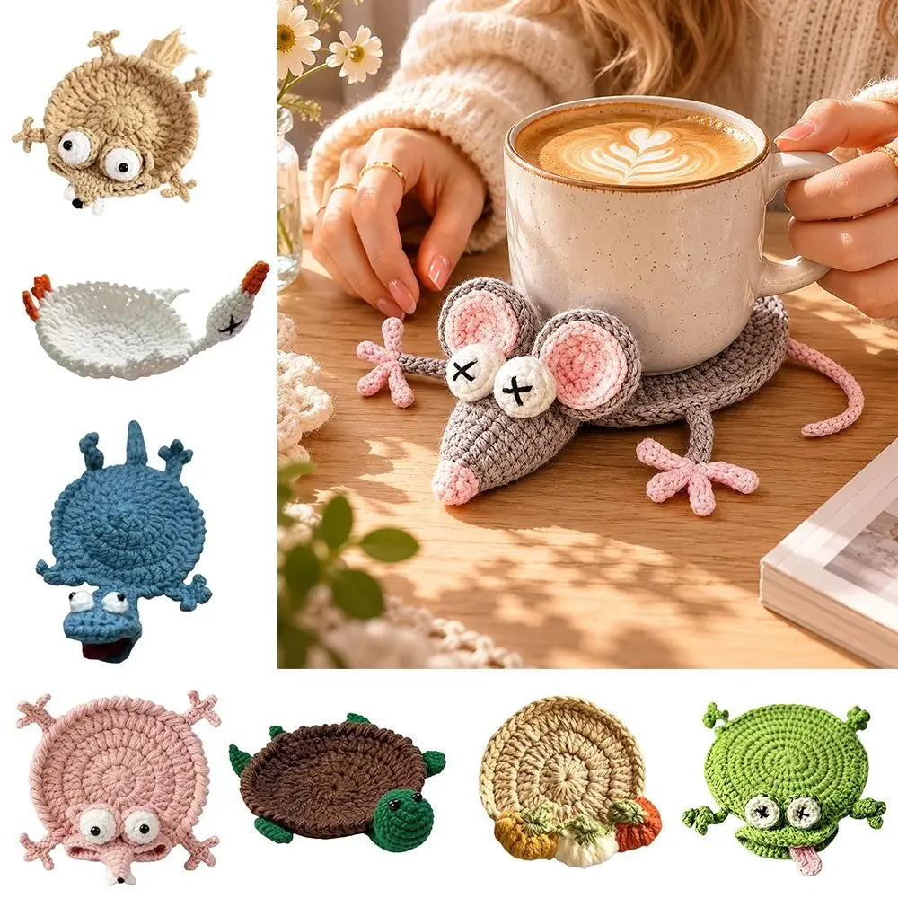 Handmade Crochet Animal Coaster, Cotton Cup Mat for Coffee Tables, Cute Frog Duck Turtle and Woodland Animal Desk Decor