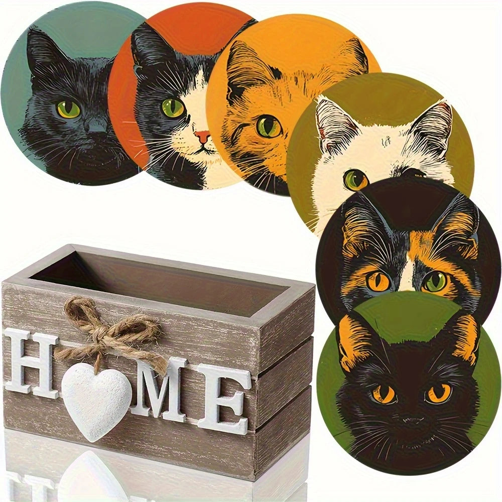 Cat Pattern Wooden Drink Coaster Set of 6, Round Printed Cup Mats for Coffee Tables, Desks and Cat-Lover Gifts