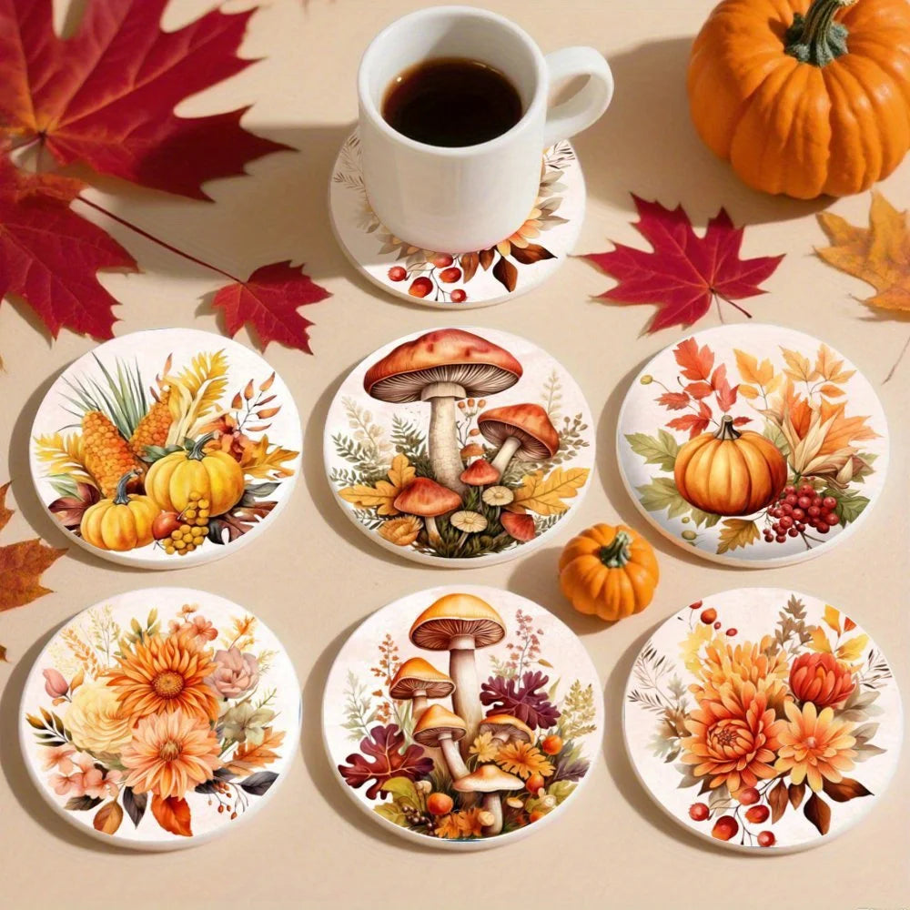 Autumn Pumpkin Leaf Wooden Coaster Set of 6, 10 cm Printed Fall Drink Mats for Coffee Tables, Tea Cups and Seasonal Decor
