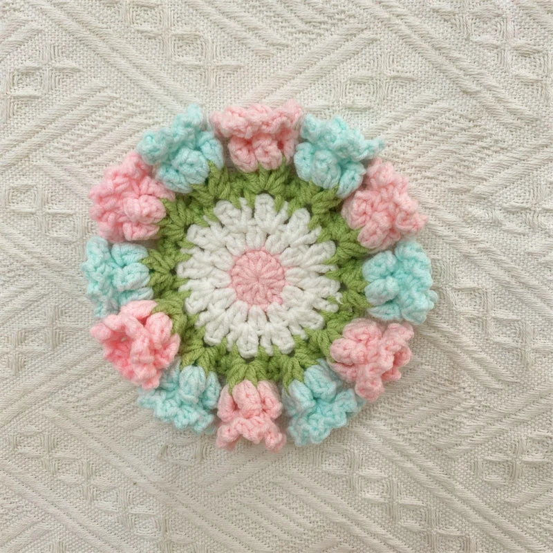 Crochet Rose Flower Drink Coasters for Coffee Tables Handmade Style Floral Kitchen Decor