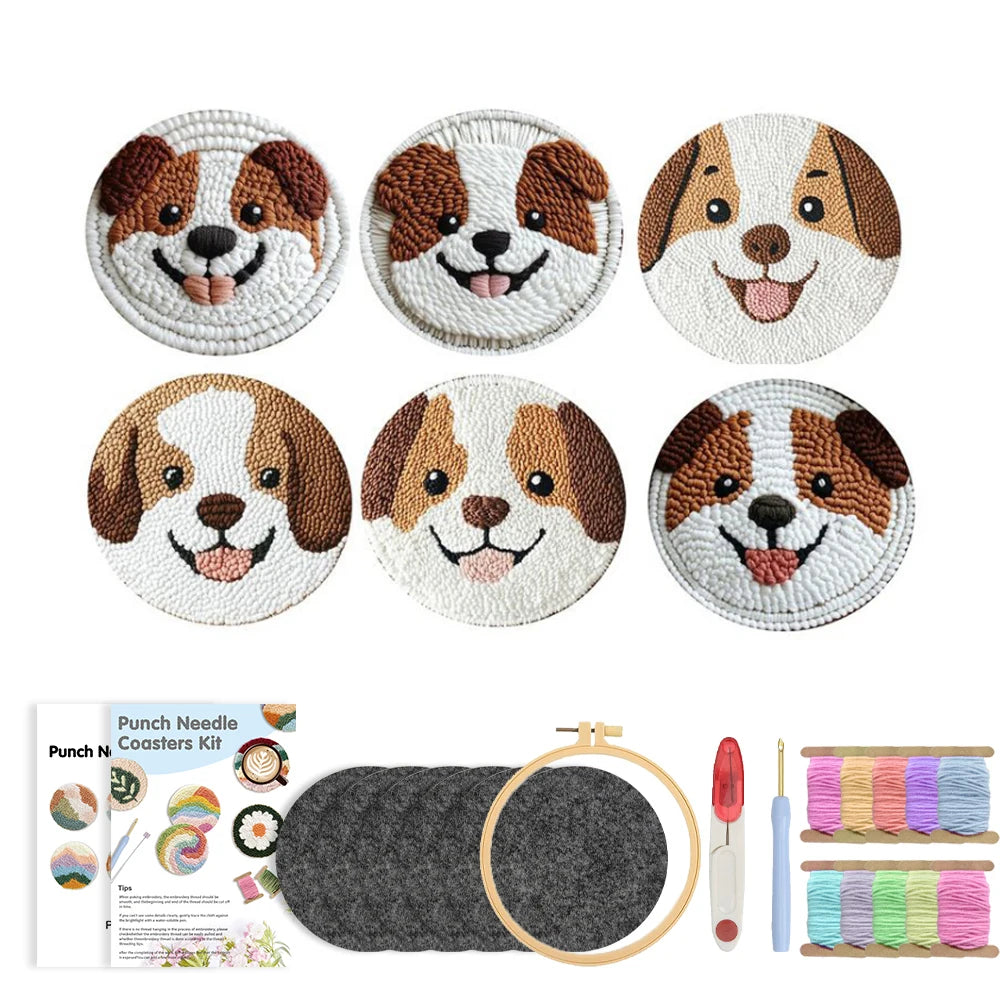 Cute Dog Punch Needle Coaster Craft Kit for Beginners Handmade Animal Mug Rugs and Gifts