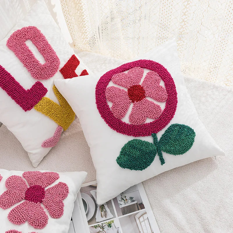 Daisy & Heart Embroidered Pillow Cover – 18 × 18 Romantic Floral Sofa Cushion Case