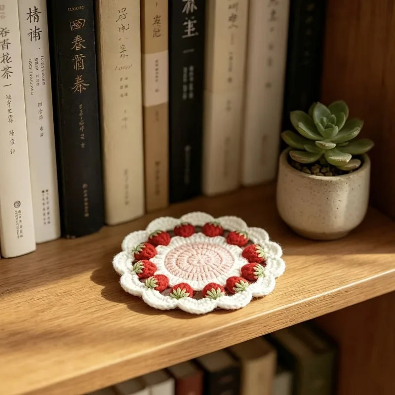 Pink Crochet Flower Drink Coaster for Coffee Tables Handmade Style Floral Kitchen Decor