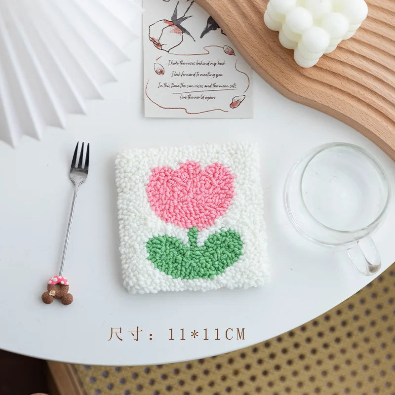 Floral Punch Needle Coaster Craft Kit for Beginners Handmade Embroidered Mug Rugs and Gifts