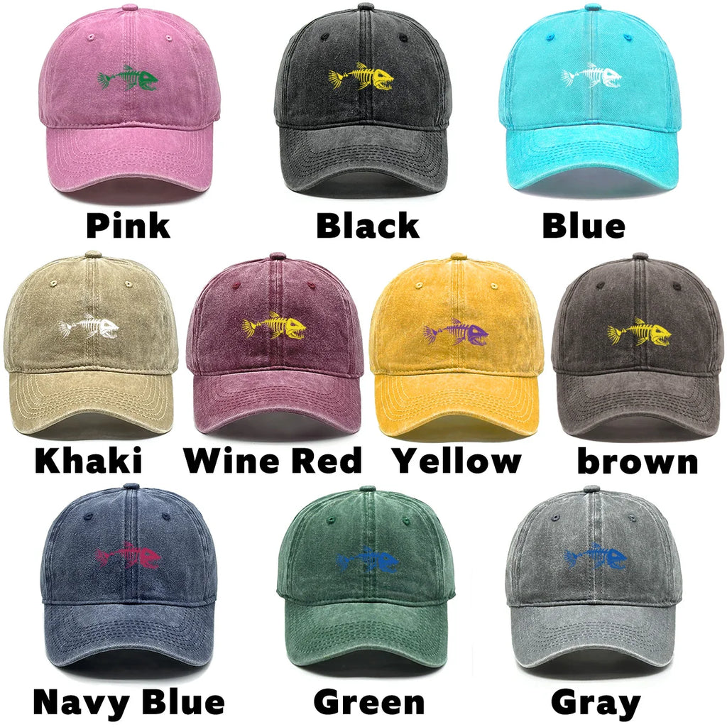 Vintage Washed Fish Skeleton Baseball Cap | Distressed Unisex Snapback Trucker Hat