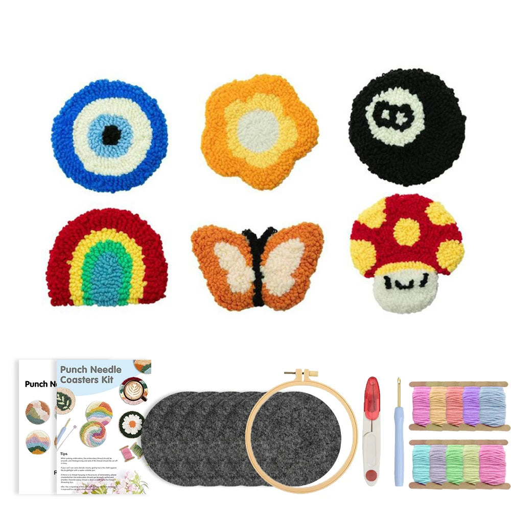 Flower Pattern Punch Needle Coaster Craft Kit for Beginners Tufted Mug Rugs and Creative Gifts
