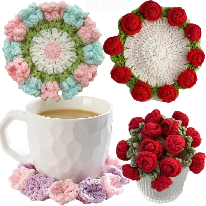 Crochet Rose Flower Drink Coasters for Coffee Tables Handmade Style Floral Kitchen Decor