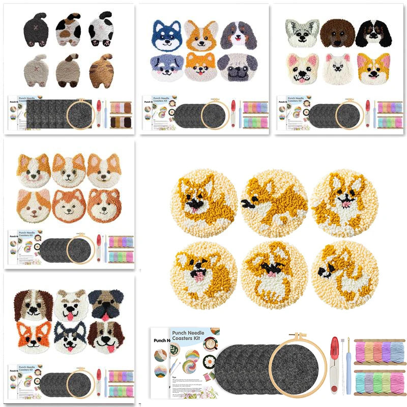 Cute Dog Punch Needle Coaster Craft Kit for Beginners Handmade Animal Mug Rugs and Gifts