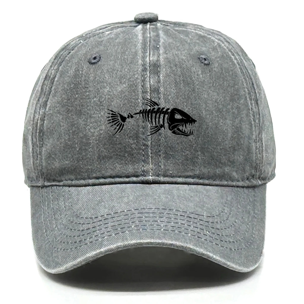 Vintage Washed Fish Skeleton Baseball Cap | Distressed Unisex Snapback Trucker Hat
