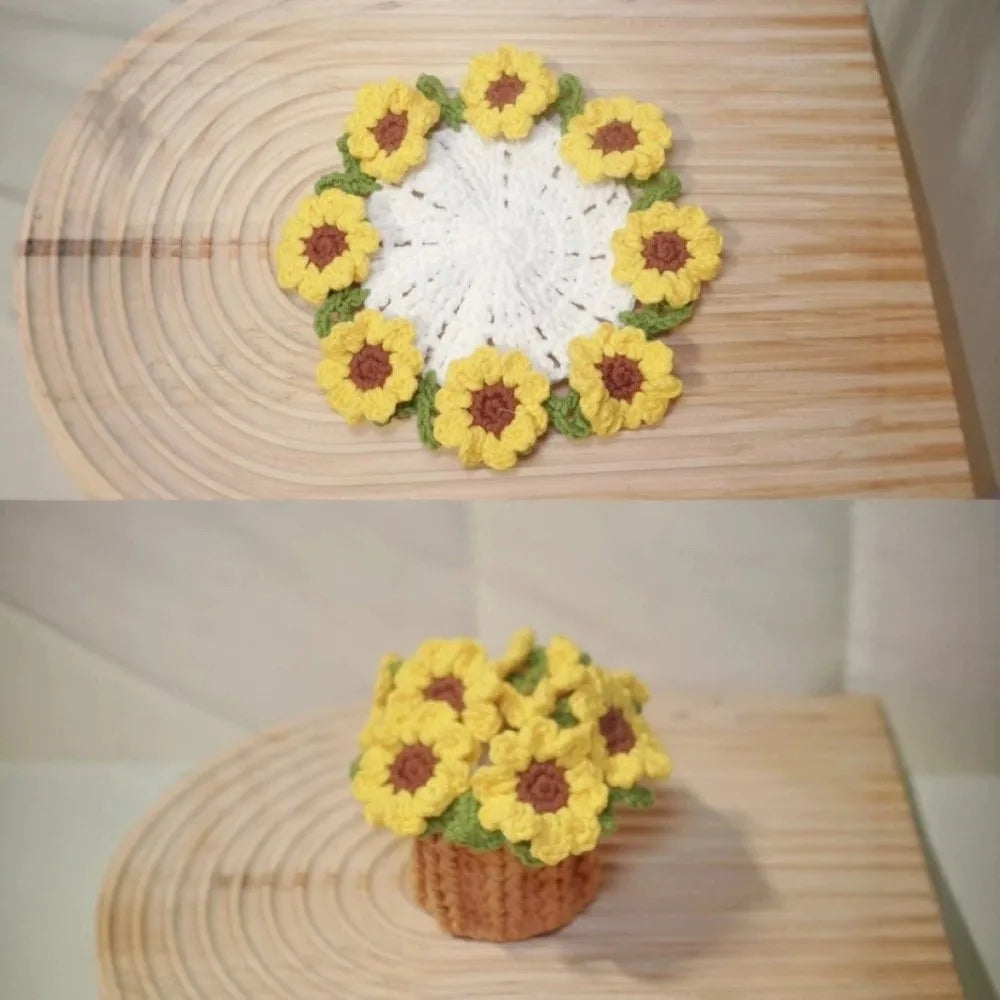 Mini Daisy Bouquet Crochet Drink Coaster with Basket for Coffee Tables and Floral Gifts