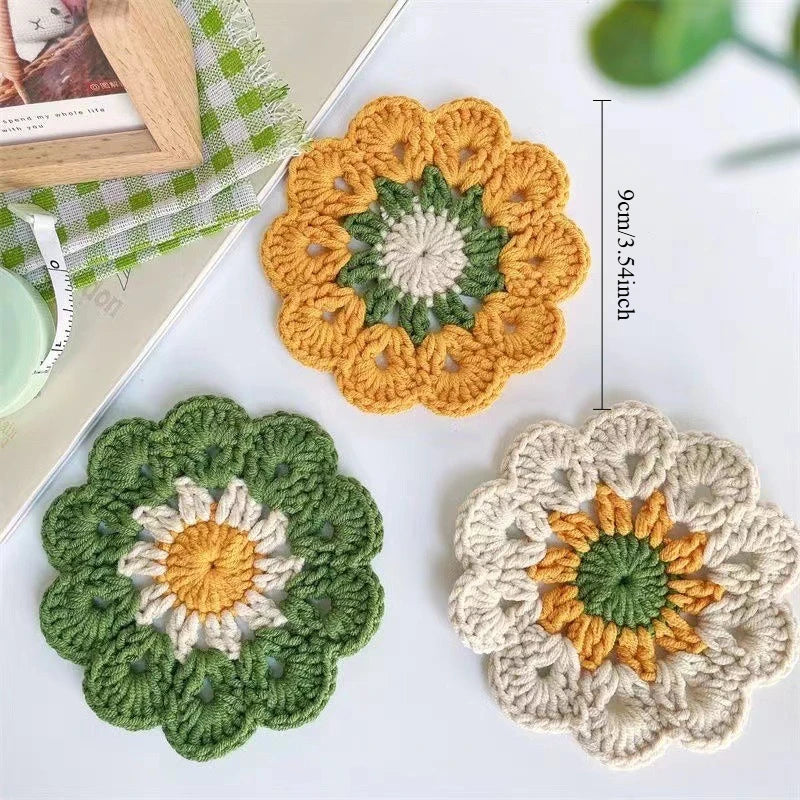 Crochet Flower Drink Coaster Set of 3 for Coffee Tables Soft Floral Kitchen Decor and Gifts