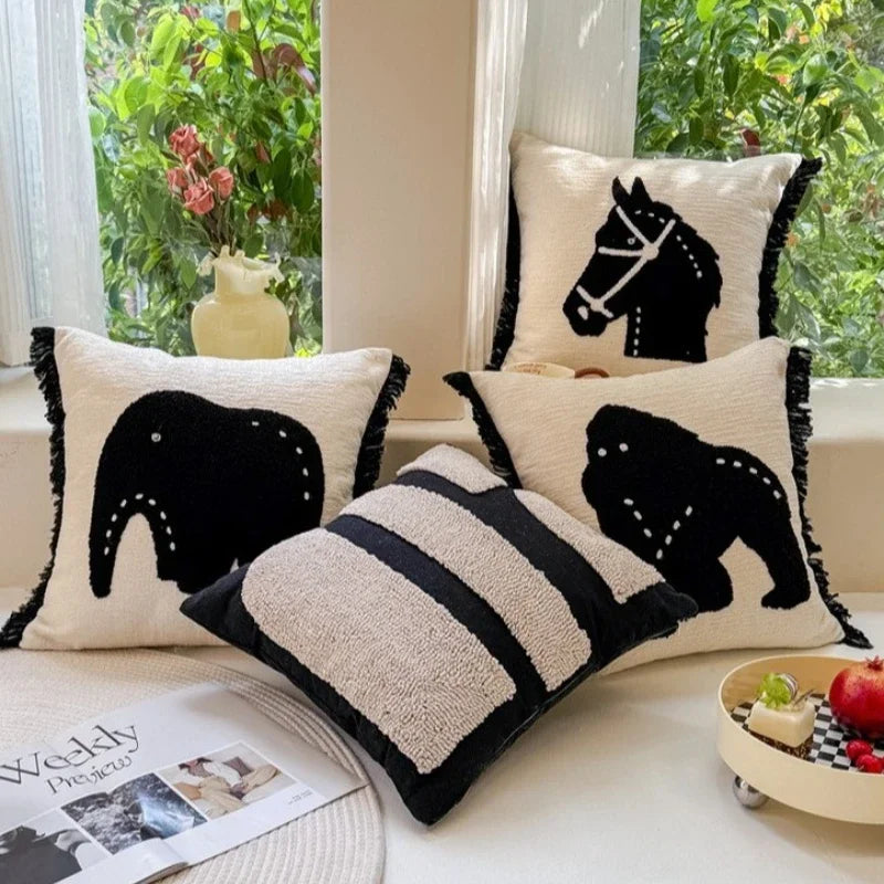 Monochrome Safari Embroidered Chenille Pillow Cover – 45 × 45 cm