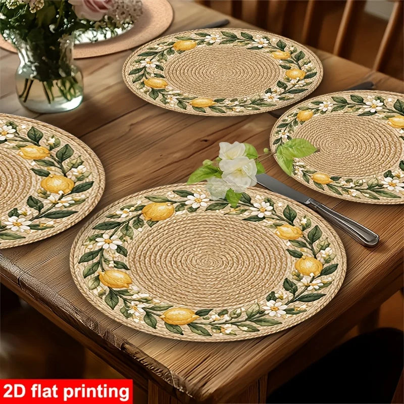 Lemon Blossom Round Table Mat Set of 4, 38 cm Printed Polyester Placemats with Faux Rattan Look for Dining Tables