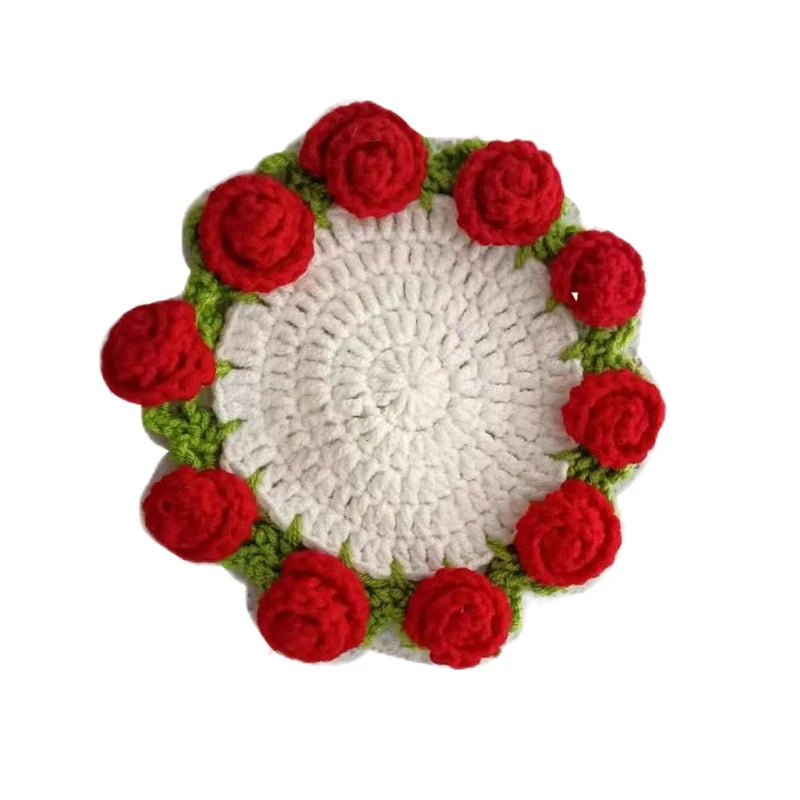 Crochet Rose Flower Drink Coasters for Coffee Tables Handmade Style Floral Kitchen Decor