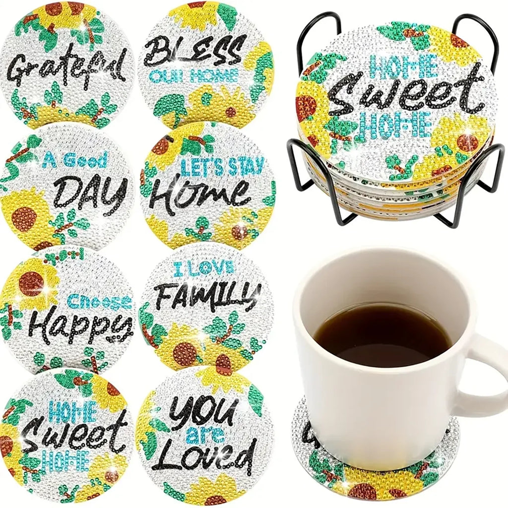 Floral Diamond Painting Coaster Set of 8 with Holder DIY Craft Kit for Creative Table Decor and Gifts