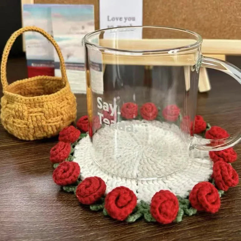 Rose Flower Crochet Style Coaster for Coffee Tables Kitchen Decor and Thoughtful Gifts