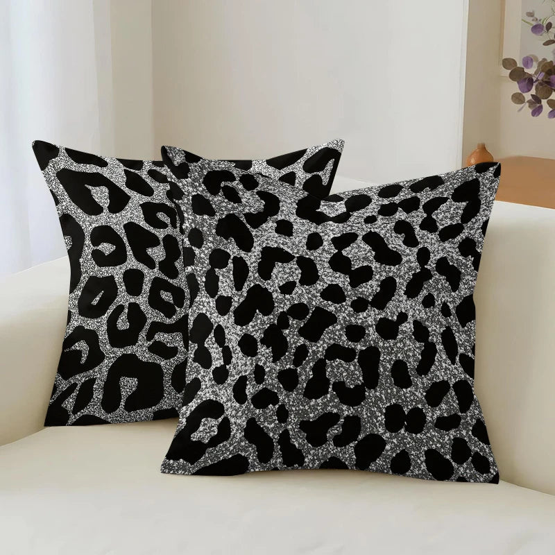 2pc Set of 2 Black Silver Leopard Print Throw Pillow Covers Modern Decorative Square Cushion Cases for Sofa Bedroom Living Room