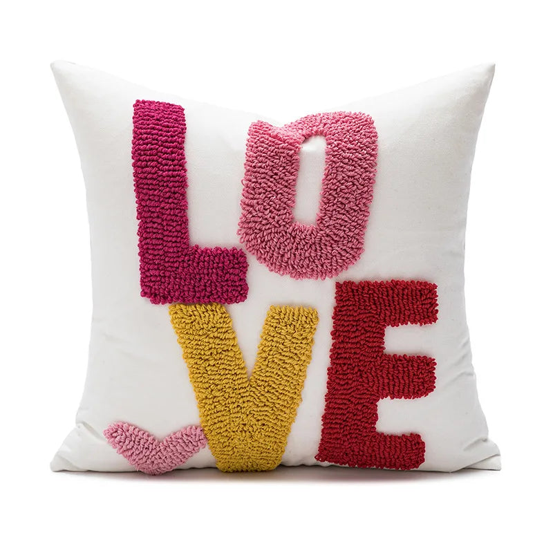 Daisy & Heart Embroidered Pillow Cover – 18 × 18 Romantic Floral Sofa Cushion Case