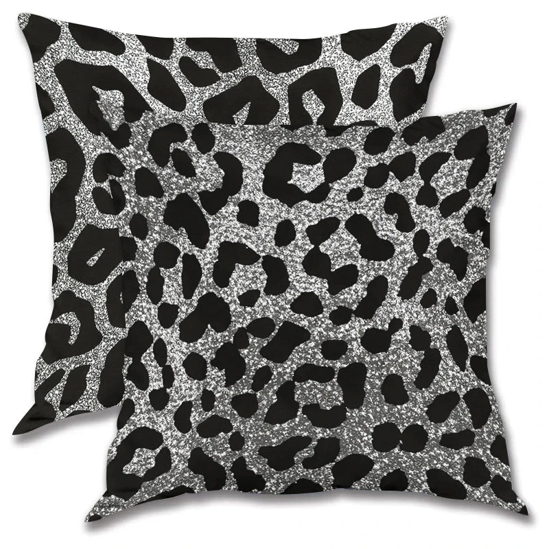 2pc Set of 2 Black Silver Leopard Print Throw Pillow Covers Modern Decorative Square Cushion Cases for Sofa Bedroom Living Room