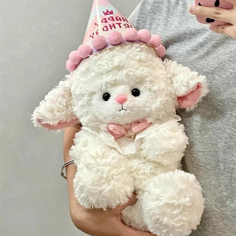 25cm Cute Cartoon Birthday Hat Princess Sheep Fluffy Simulation Lamb Plush Toy Cute Kawaii Animal Fluffty Doll Birthday Gift